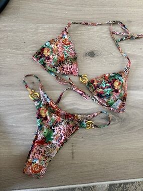 Floral Leopard Print String Bikini - Multicolor